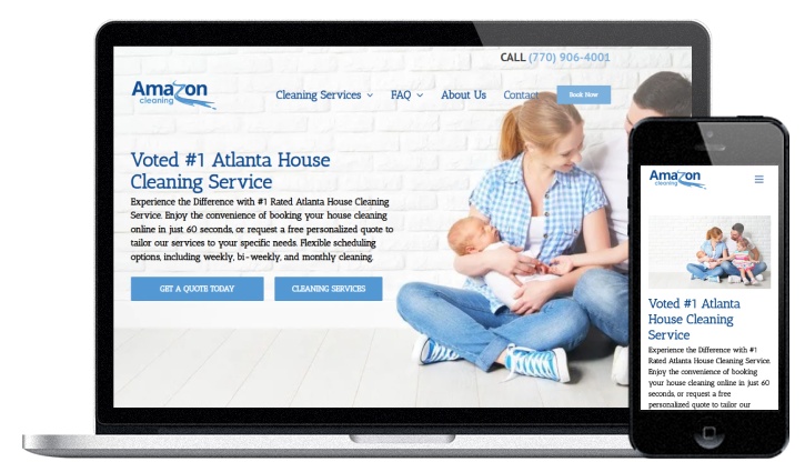 A website design for a home cleaning services company, both in computer and mobile viewports.