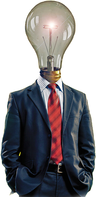 A well dressed man with a lightbulb for a head who provides industry-specific marketing services from Ombrella.