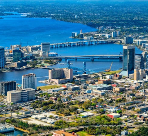 An aerial view of Jacksonville, Florida during the day,