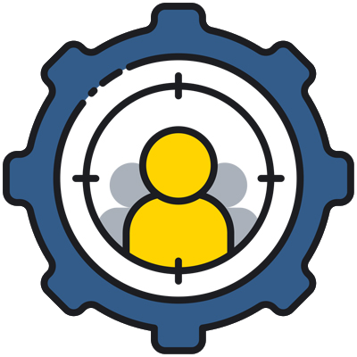 Graphic of a yellow figure centered within a gear and crosshairs, representing lead generation and targeting.