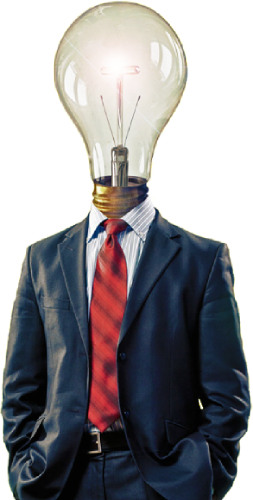 A lightbulb head man in a suit representing the team at Ombrella developing innovative marketing solutions.