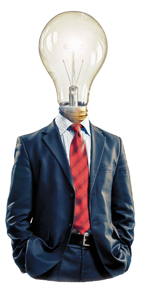 A man dressed in a suit with a lightbulb as a head presenting Ombrella's marketing services in the United States and Canada.